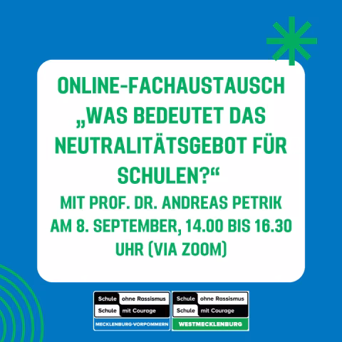 Kachel mit den Schule ohne Rassismus Logos und dem Veranstaltungstitel in blau und grün