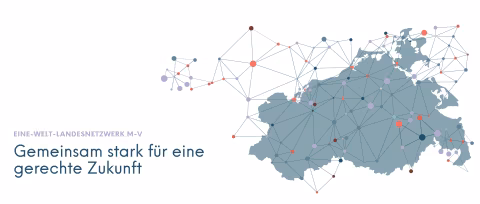 Logo des Eine-Welt-Landesnetzwerk M-V Gemeinsam stark für eine gerechte Zukunft mit einer Landkarte und vielen eingezeichneten Vernetzungen
